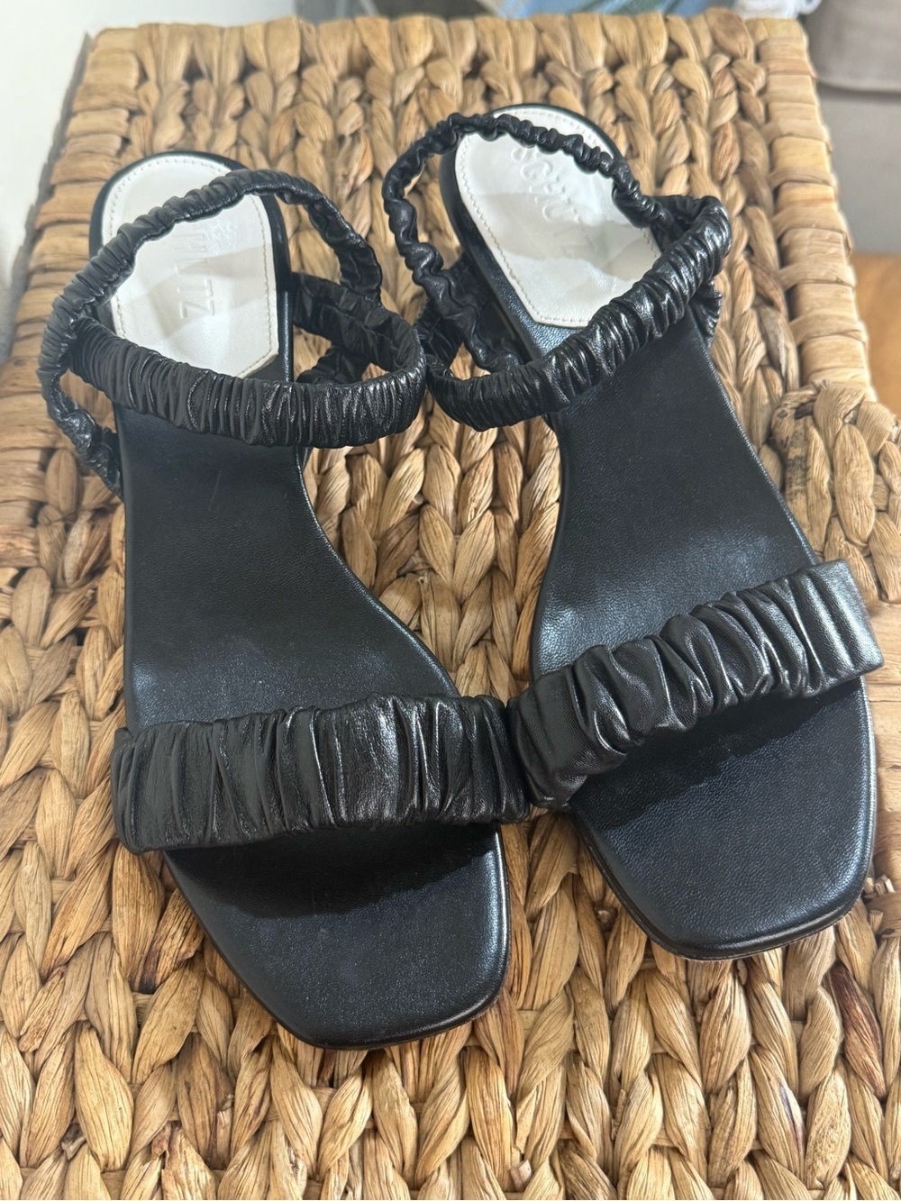 SCHUTZ Black Leather Ruched Strappy Ankle Strap Sandals Women's Size 10 B